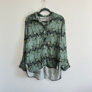Zara Green/Black Geometric Polka Dot Button-Down Shirt Blouse XL Retro Abstract